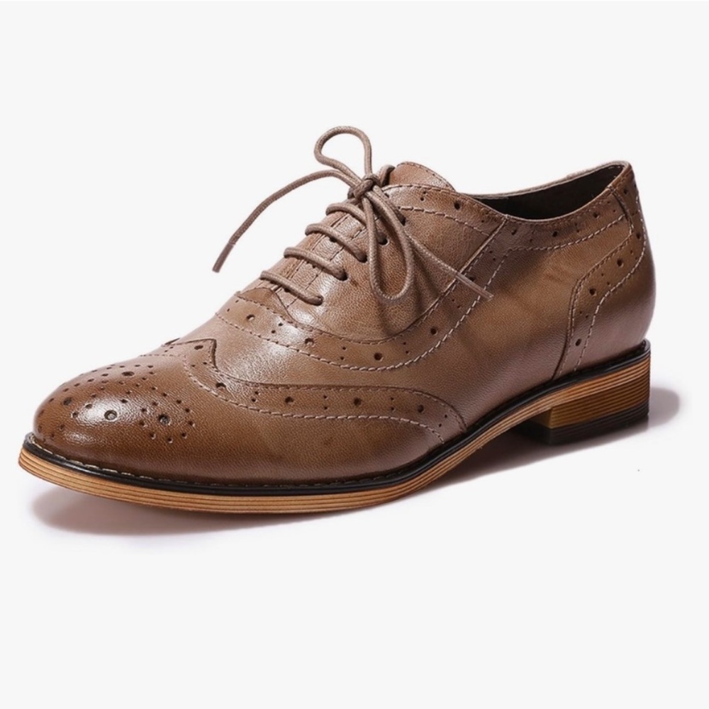 MONA FLYING Brown Flat Leather Oxford Shoes Lace-up Wingtip Vintage Shoes